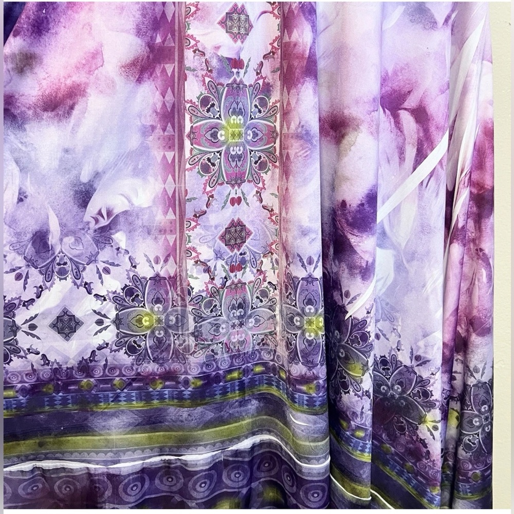World Unity 2X Midi Dress Embellished Neck Purple Sheer Hem Crotchet Tie Dye - Picture 3 of 11